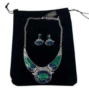 Thalia Sodi Blue Green Silver Statement Necklace & Earring Set NWT